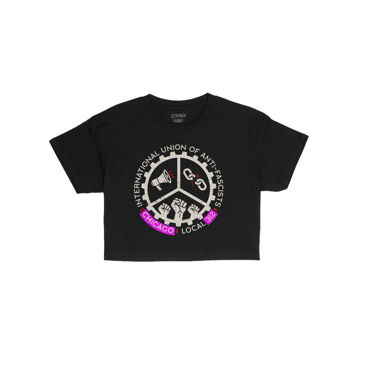 Custom Anti-Fascist Union Women's Baby Tee featuring a circular emblem with a megaphone, broken chain, and raised fists, invi