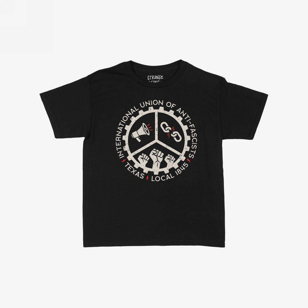 Custom Anti-Fascist Union Kids T-shirt featuring a gear-shaped logo with symbols of a megaphone, broken chain, and raised fists, highlighting the International Union of Anti-Fascists and Texas Local 1845.