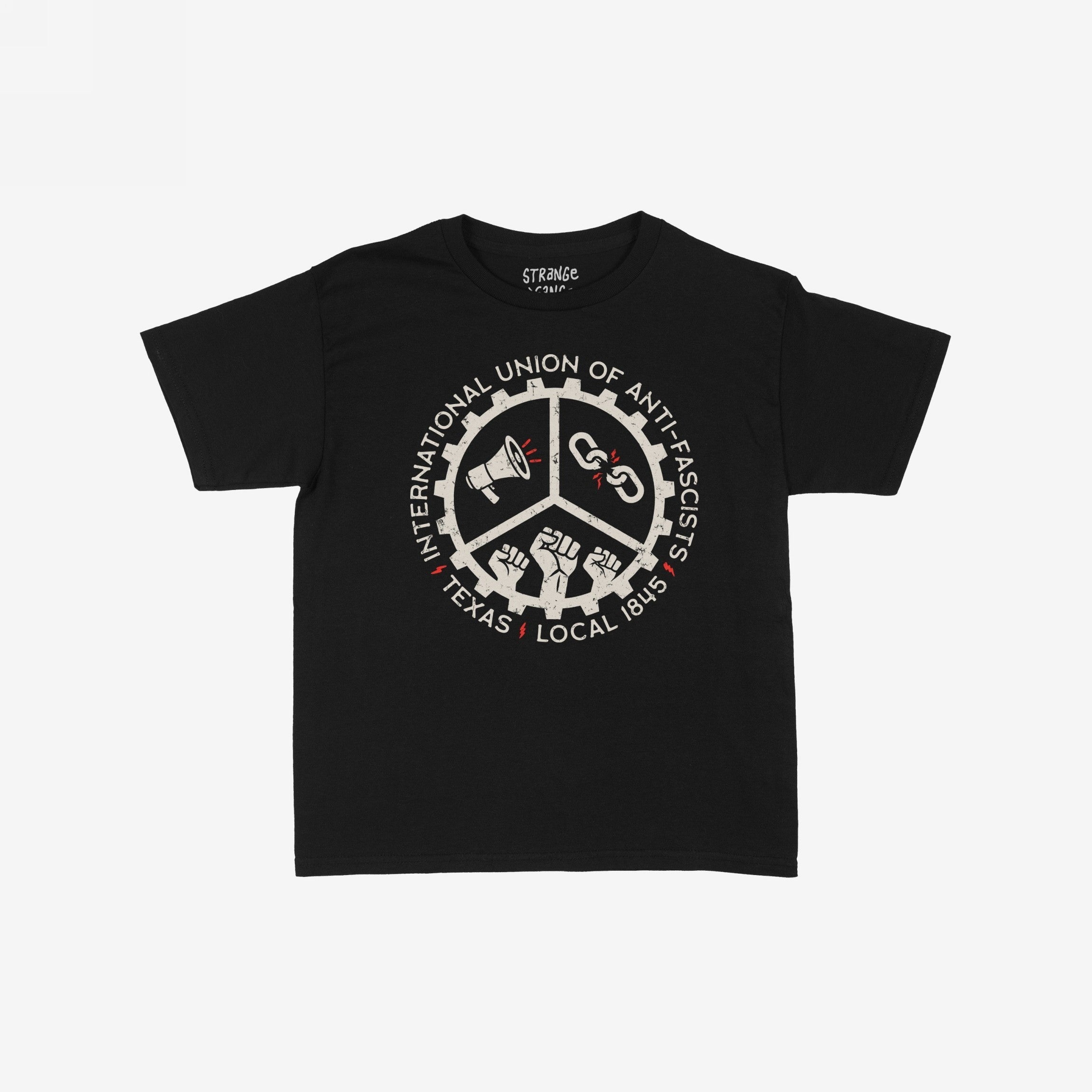 Custom Anti-Fascist Union Kids T-shirt featuring a gear-shaped logo with symbols of a megaphone, broken chain, and raised fists, highlighting the International Union of Anti-Fascists and Texas Local 1845.