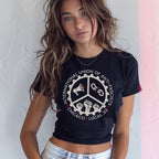 Chicago Anti-Fascist Union Women's Baby Tee features a retro Y2K cut with a bold, circular graphic, including a megaphone, broken chains, and raised fists, embodying solidarity and anti-fascist spirit.