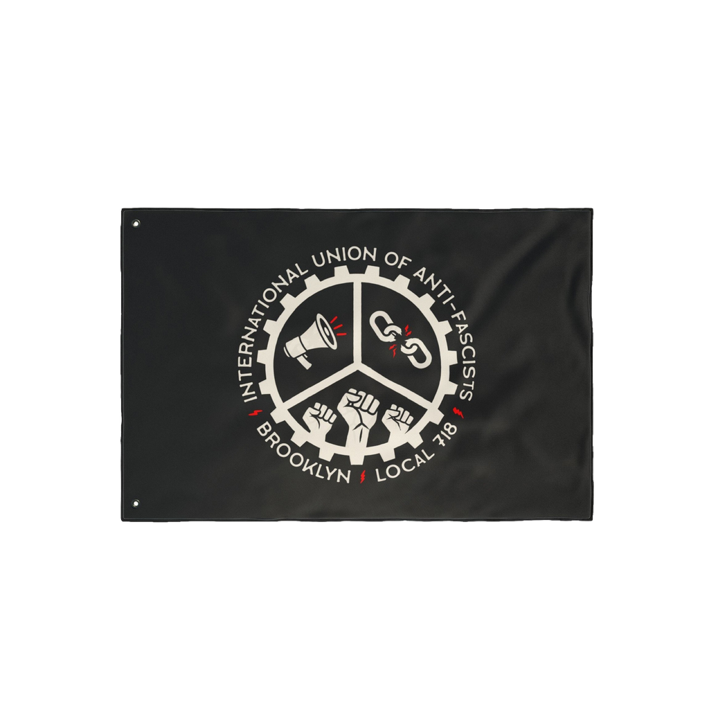 Brooklyn Anti-Fascist Union Flag featuring a central emblem with a megaphone, broken chain, and raised fists, symbolizing res