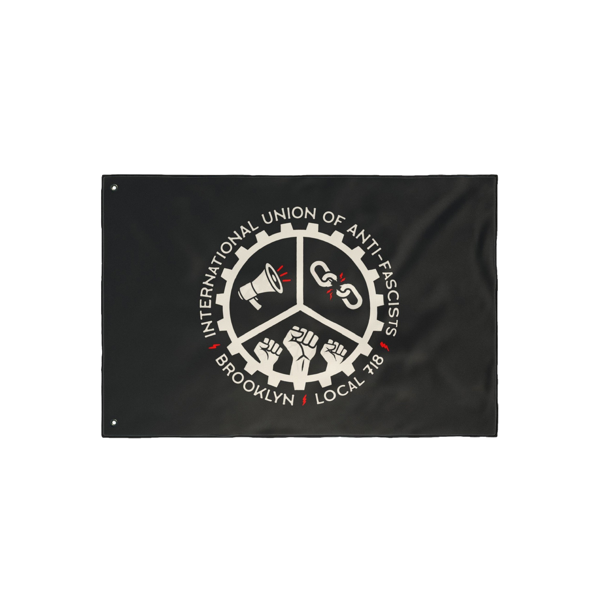 Custom Anti-Fascist Union Flag featuring a bold, gear-like emblem with a megaphone, broken chain, and raised fists design, sy