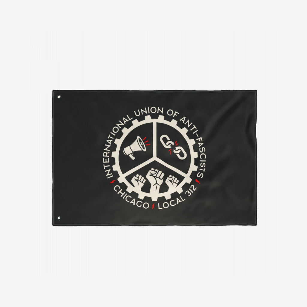 Chicago Anti-Fascist Union Flag featuring a gear with megaphone, broken chain, and raised fists symbols, encircled by the group's name, conveying a bold anti-fascist statement.