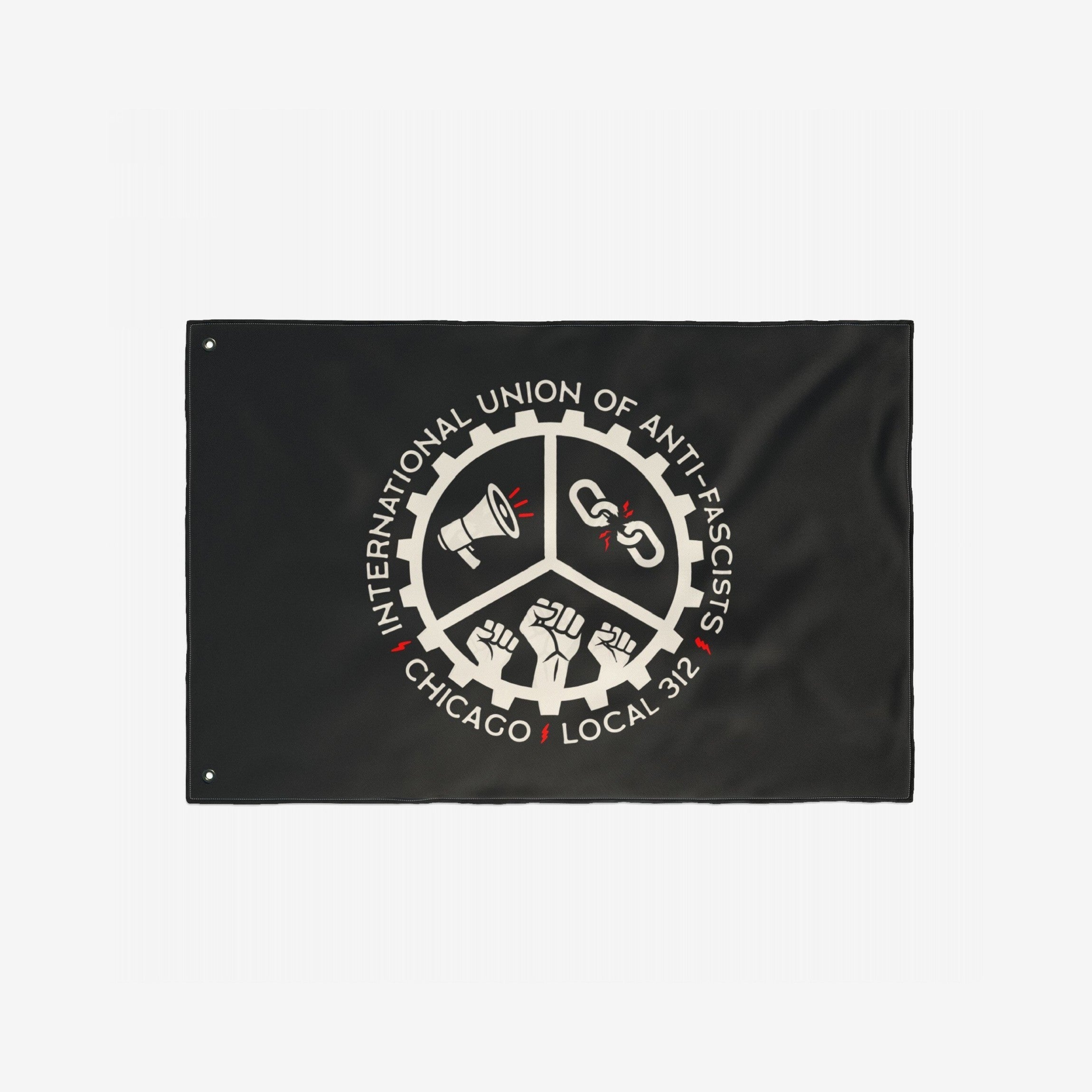 Chicago Anti-Fascist Union Flag featuring a gear with megaphone, broken chain, and raised fists symbols, encircled by the group's name, conveying a bold anti-fascist statement.