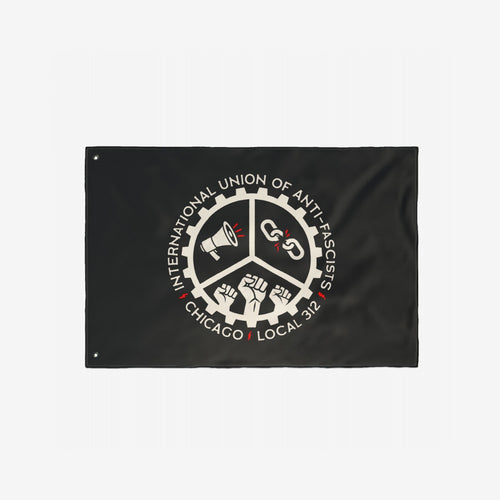 Chicago Anti-Fascist Union Flag featuring a gear with megaphone, broken chain, and raised fists symbols, encircled by the group's name, conveying a bold anti-fascist statement.