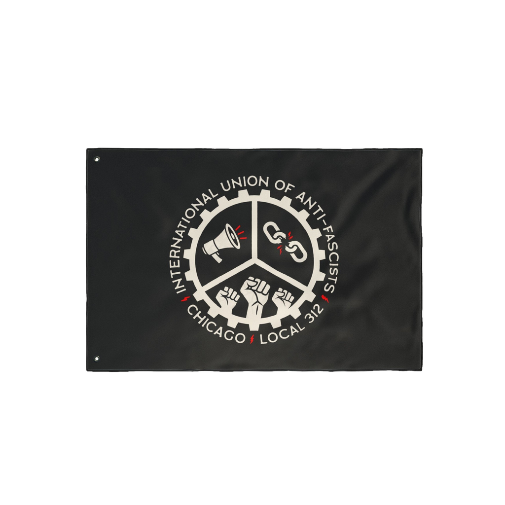 Custom Anti-Fascist Union Flag featuring a cog-wheel emblem with a megaphone, broken chain, and raised fists, accented by CHI