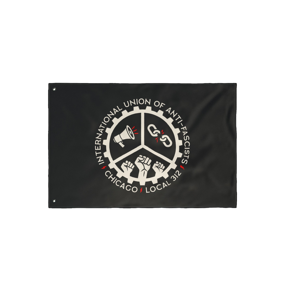 Custom Anti-Fascist Union Flag featuring a cog-wheel emblem with a megaphone, broken chain, and raised fists, accented by CHI