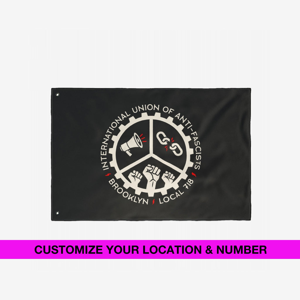 Custom Anti-Fascist Union Flag featuring a circular emblem with a megaphone, broken chain, and raised fists. Includes editable text for city and local number, ideal for activists and organizers.