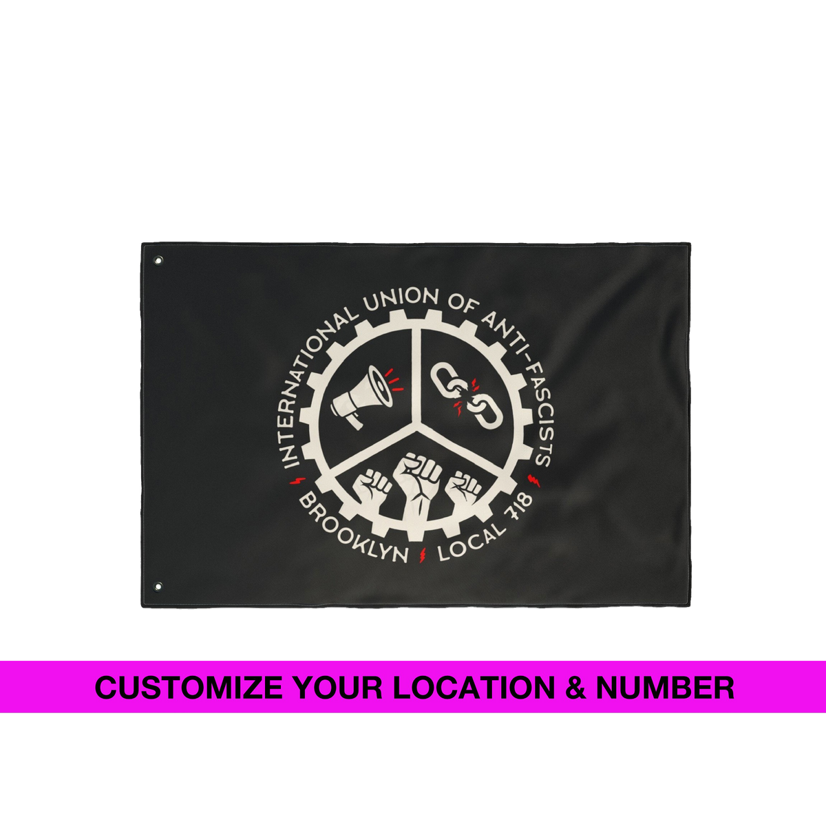 Custom Anti-Fascist Union Flag featuring a circular emblem with a megaphone, broken chain, and raised fists. Includes editabl