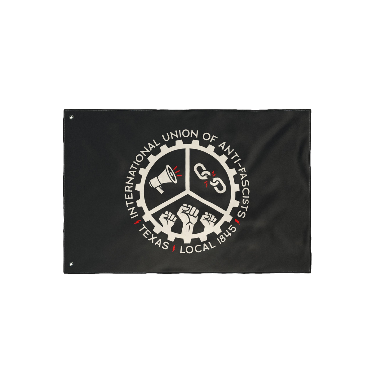 Texas Anti-Fascist Union Flag featuring gear emblem with megaphone, broken chain, and raised fists, labeled International Uni