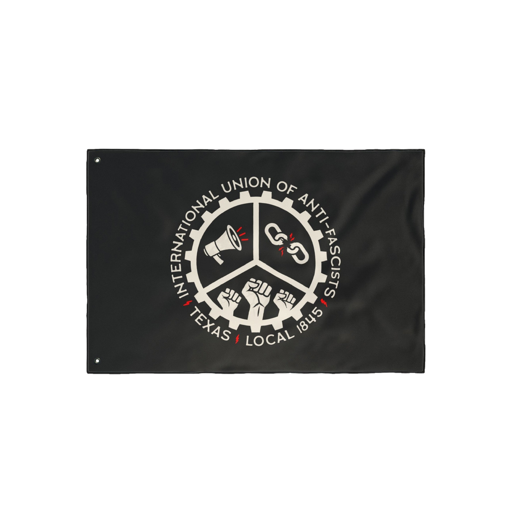 Custom Anti-Fascist Union Flag featuring a circular gear emblem with symbols of protest: a megaphone, broken chain, and raise
