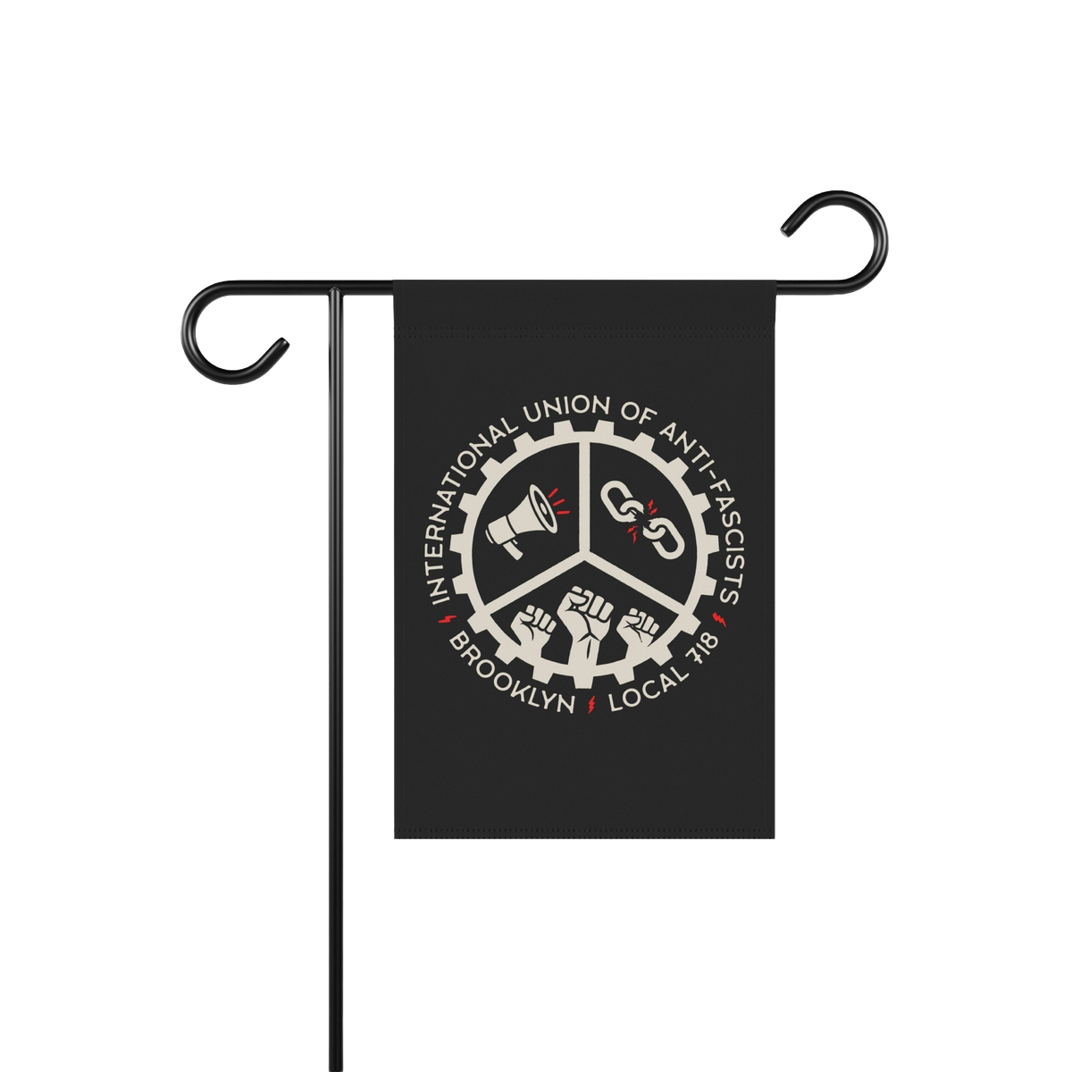 Brooklyn Anti-Fascist Union Garden Flag featuring a gear emblem with a megaphone, broken chains, and raised fists, highlighti