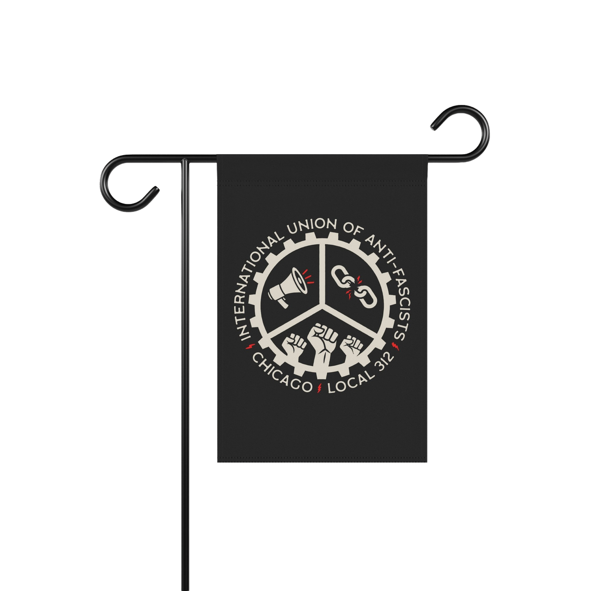 Chicago Anti-Fascist Union Garden Flag featuring a gear-shaped emblem with icons of a megaphone, broken chain, and raised fis