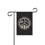 Texas Anti-Fascist Union Garden Flag on metal stand, featuring gear emblem with megaphone, broken chain, and raised fists, su