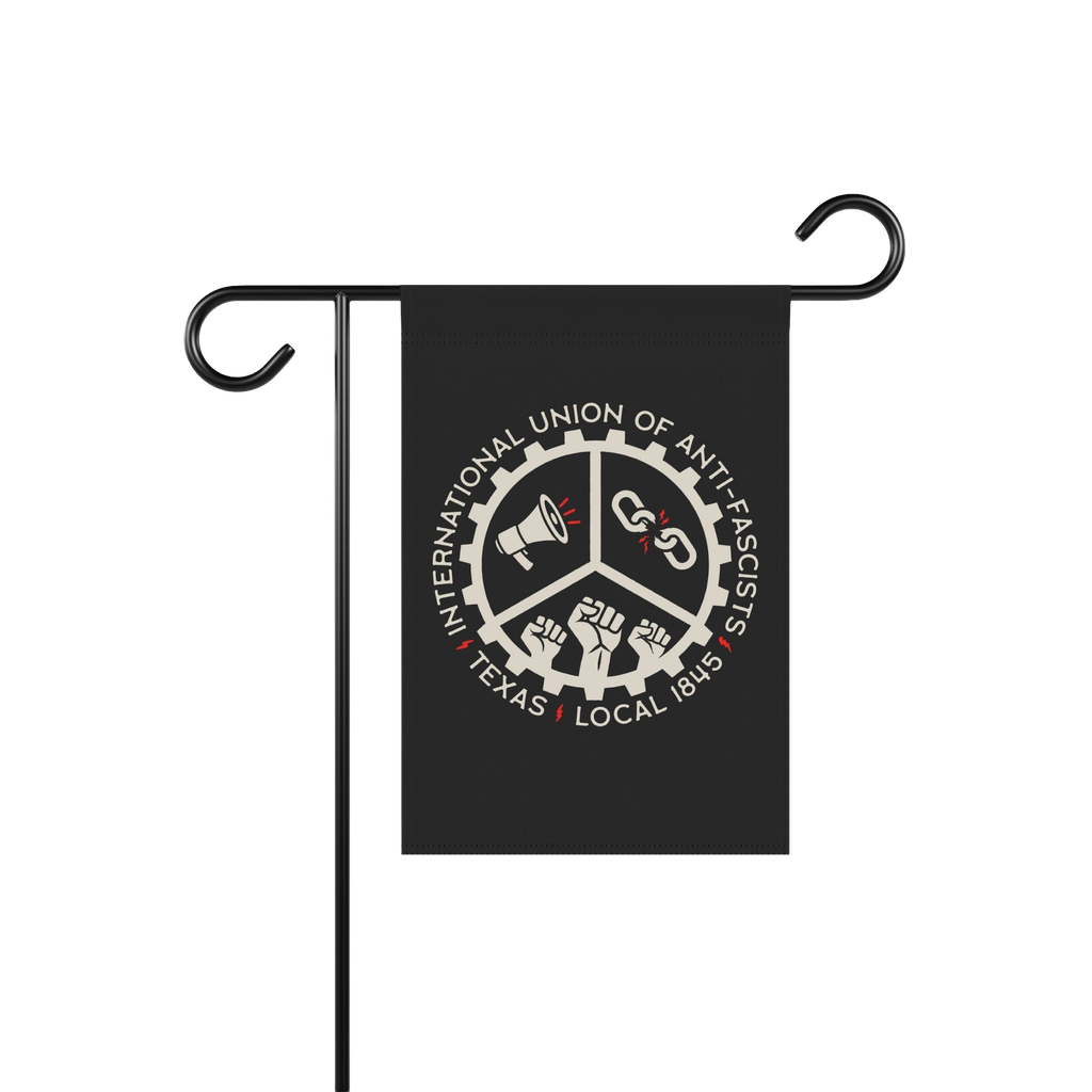Custom Anti-Fascist Union Garden Flag featuring a circular gear emblem with megaphone, broken chain, and raised fists icons. 