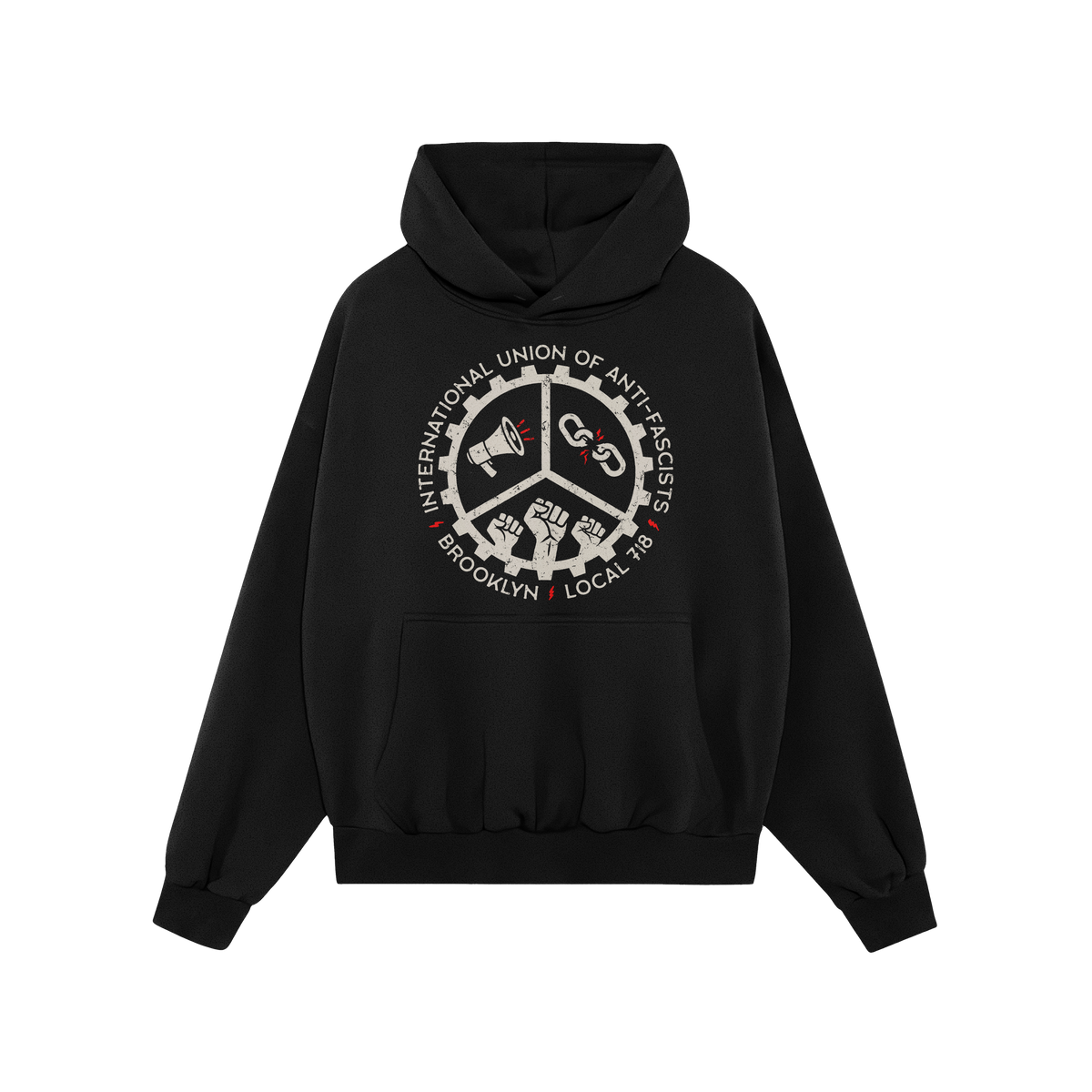 Brooklyn Anti-Fascist Union Hoodie features a circular emblem with a megaphone, broken chain, and fists, surrounded by “INT