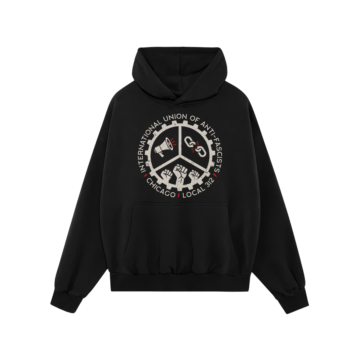 Chicago Anti-Fascist Union Hoodie features a bold emblem with a megaphone, broken chains, and raised fists, symbolizing resis