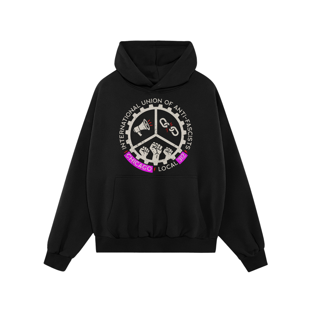 Custom Anti-Fascist Union Hoodie featuring a circular logo with megaphone, broken chains, and fists, alongside customizable c