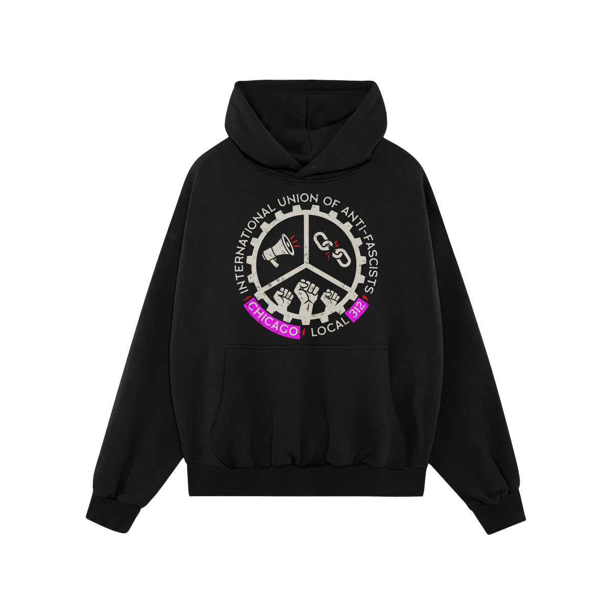 Custom Anti-Fascist Union Hoodie featuring a circular logo with megaphone, broken chains, and fists, alongside customizable c
