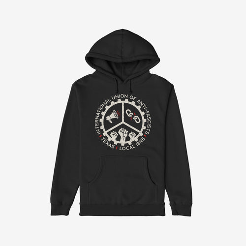 Texas Anti-Fascist Union Hoodie & Sweatshirt features a black pullover with an off-white and red graphic, showcasing protest symbols like a megaphone, broken chains, and raised fists within a gear-toothed ring.