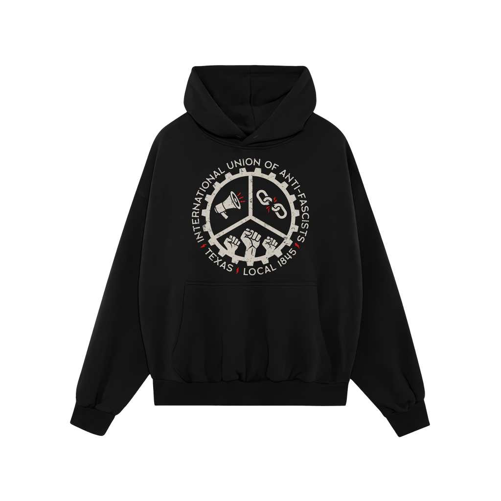 Texas Anti-Fascist Union Hoodie & Sweatshirt features a black pullover with an off-white and red graphic, showcasing protest 