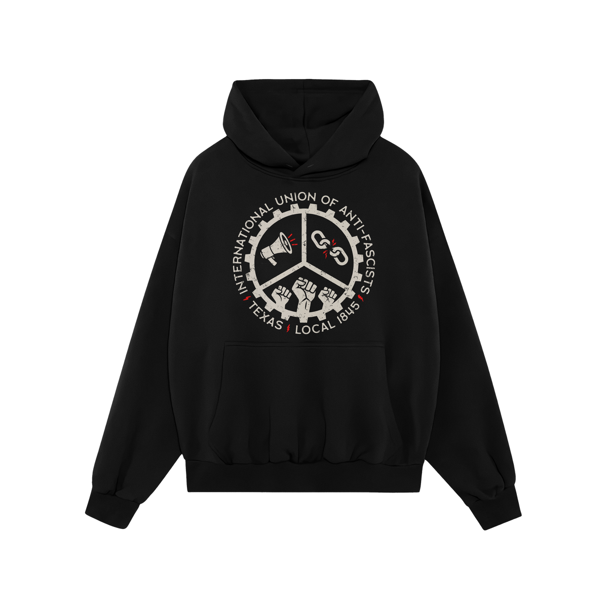 Texas Anti-Fascist Union Hoodie & Sweatshirt features a black pullover with an off-white and red graphic, showcasing protest 