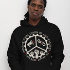 Custom Anti-Fascist Union Hoodie featuring a circular gear emblem with a megaphone, broken chain, and raised fists. Personalize for your local chapter, ideal for marches and activist gatherings.