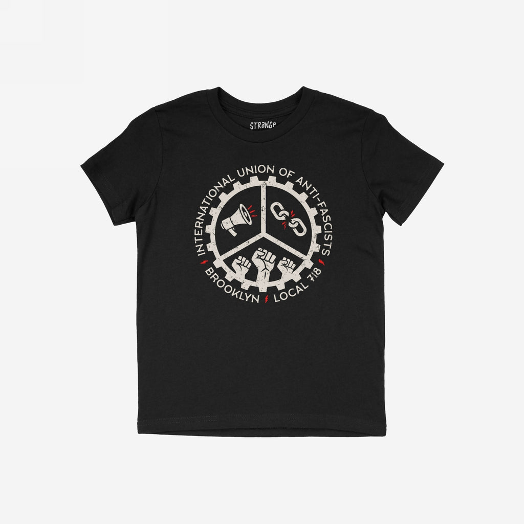 Brooklyn Anti-Fascist Union T-shirt featuring a circular gear graphic with a megaphone, broken chain, and raised fists, encircled by “International Union of Anti-Fascists, Brooklyn • Local 718” text.