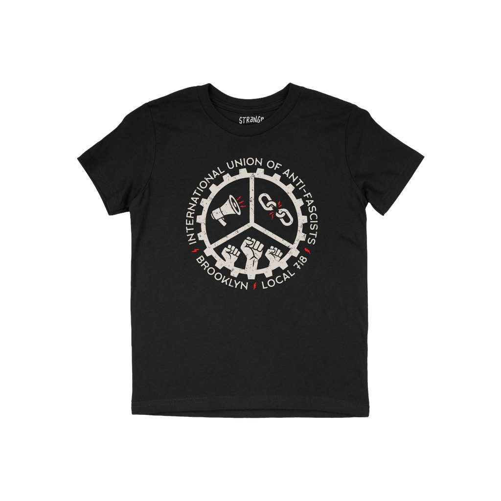 Brooklyn Anti-Fascist Union T-shirt featuring a circular gear graphic with a megaphone, broken chain, and raised fists, encir