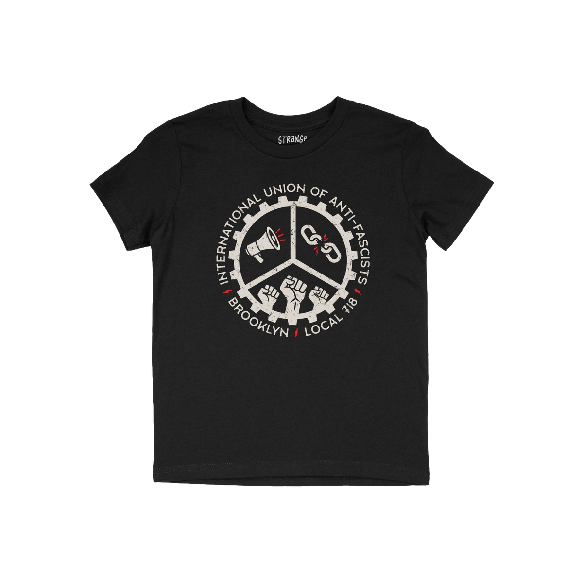 Brooklyn Anti-Fascist Union T-shirt featuring a circular gear graphic with a megaphone, broken chain, and raised fists, encir