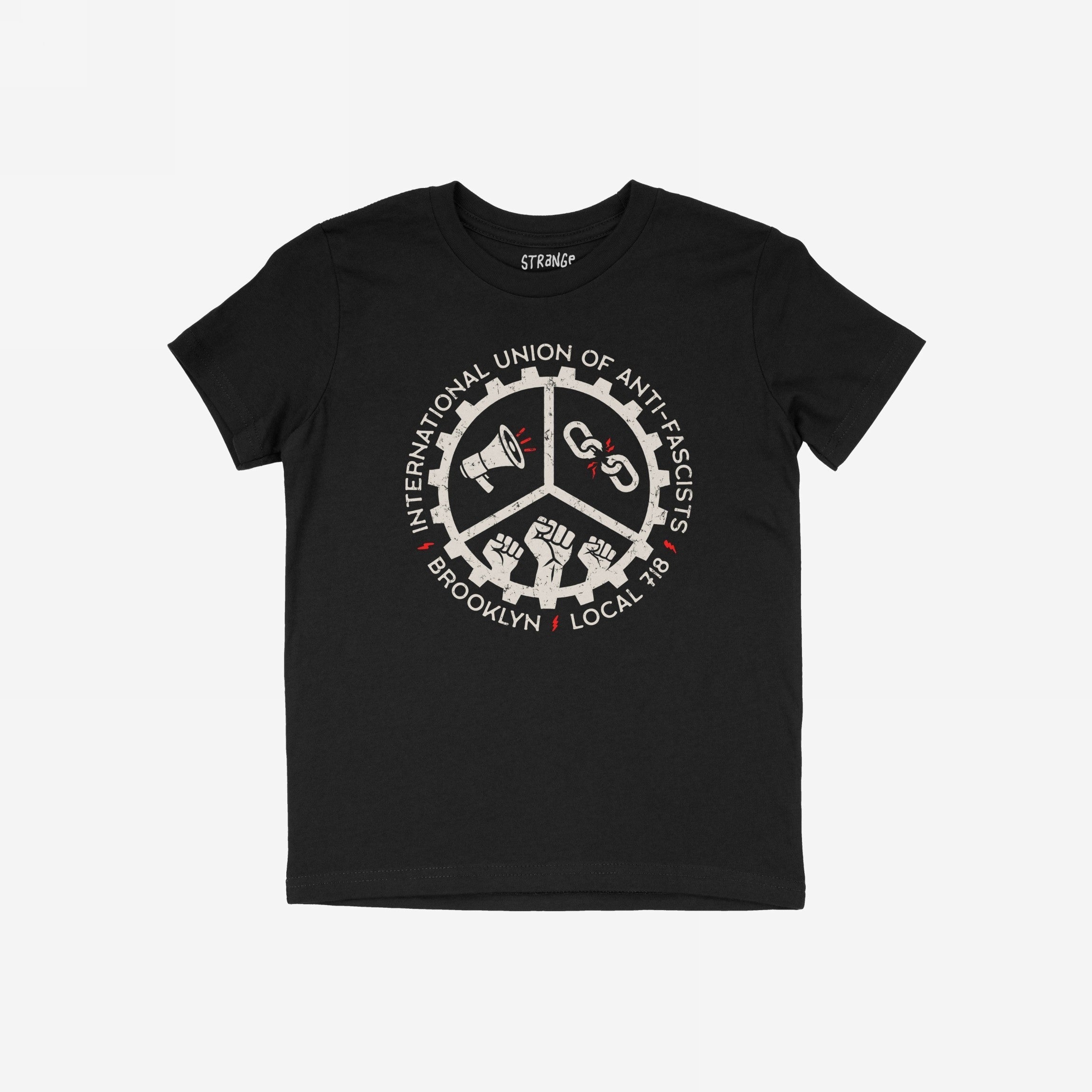 Custom Anti-Fascist Union Kids T-shirt featuring a white circular graphic with INTERNATIONAL UNION OF ANTI-FASCISTS and BROOKLYN • LOCAL #18, showcasing a megaphone, broken chain, and raised fists.