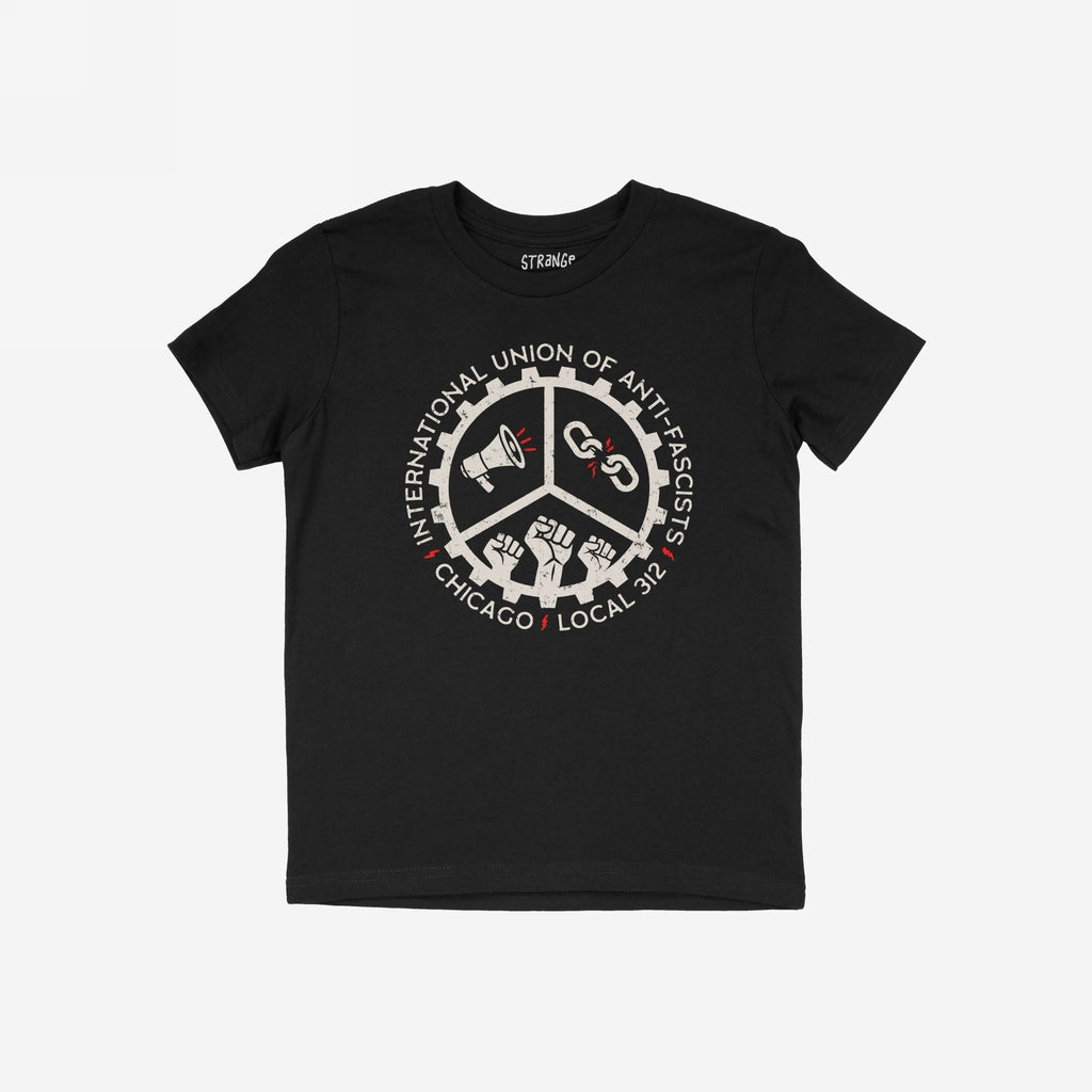 Chicago Anti-Fascist Union T-shirt features a cog design with a peace sign, megaphone, broken chain, and raised fists, promoting activism and community with INTERNATIONAL UNION OF ANTI-FASCISTS and CHICAGO · LOCAL 312.