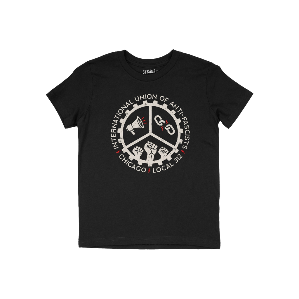 Chicago Anti-Fascist Union T-shirt features a cog design with a peace sign, megaphone, broken chain, and raised fists, promot