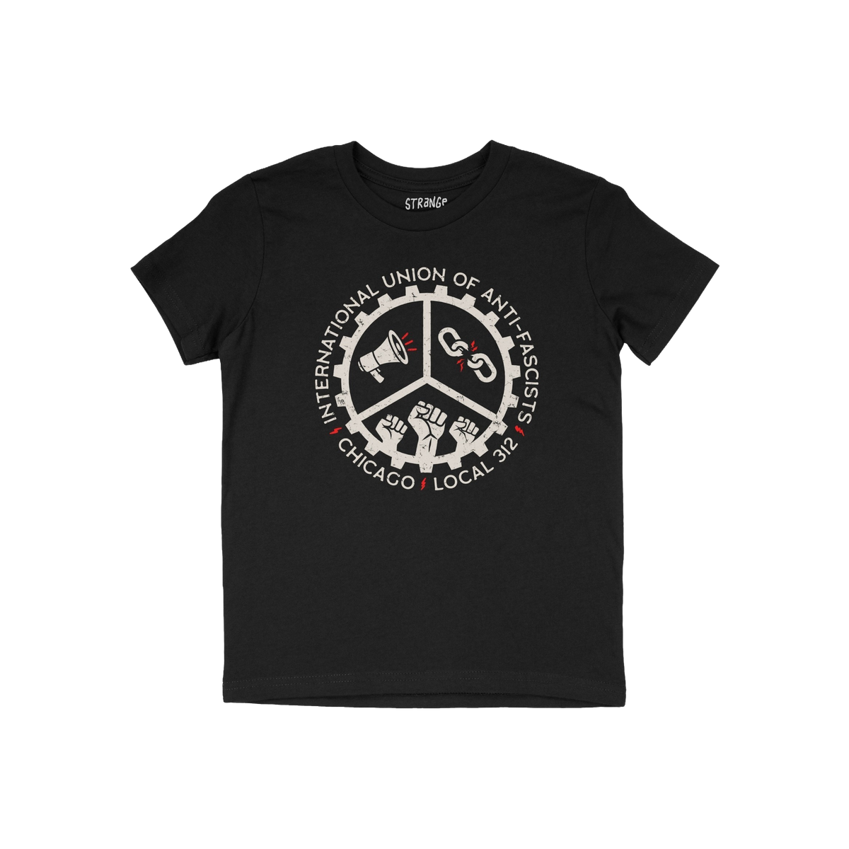 Chicago Anti-Fascist Union T-shirt features a cog design with a peace sign, megaphone, broken chain, and raised fists, promot