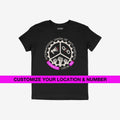 Custom Anti-Fascist Union Kids T-shirt featuring a circular gear emblem with a megaphone, broken chain, and raised fists. Personalize the banner with your location and chapter number.