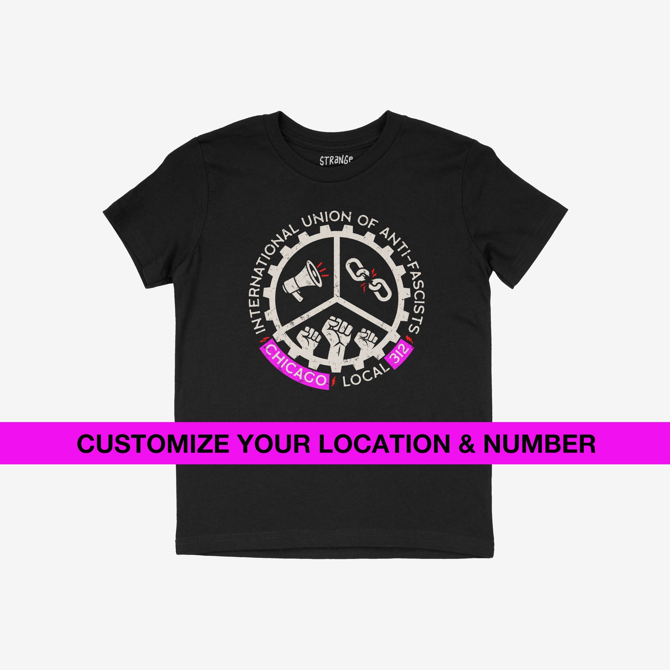 Custom Anti-Fascist Union Kids T-shirt featuring a circular gear emblem with a megaphone, broken chain, and raised fists. Personalize the banner with your location and chapter number.
