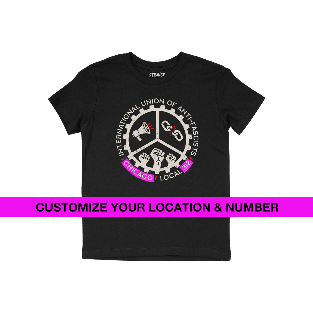 Custom Anti-Fascist Union Kids T-shirt featuring a circular gear emblem with a megaphone, broken chain, and raised fists. Per