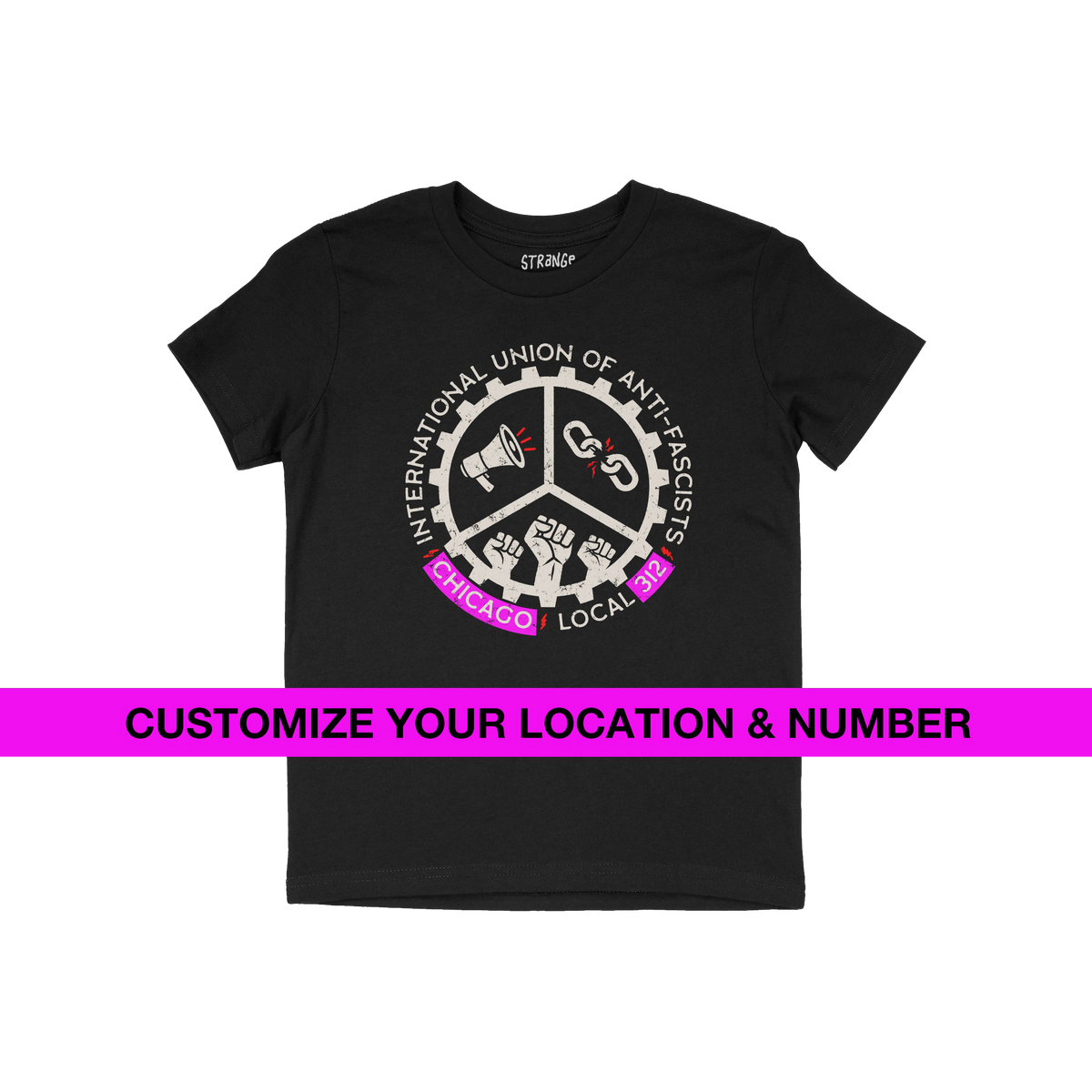 Custom Anti-Fascist Union Kids T-shirt featuring a circular gear emblem with a megaphone, broken chain, and raised fists. Per