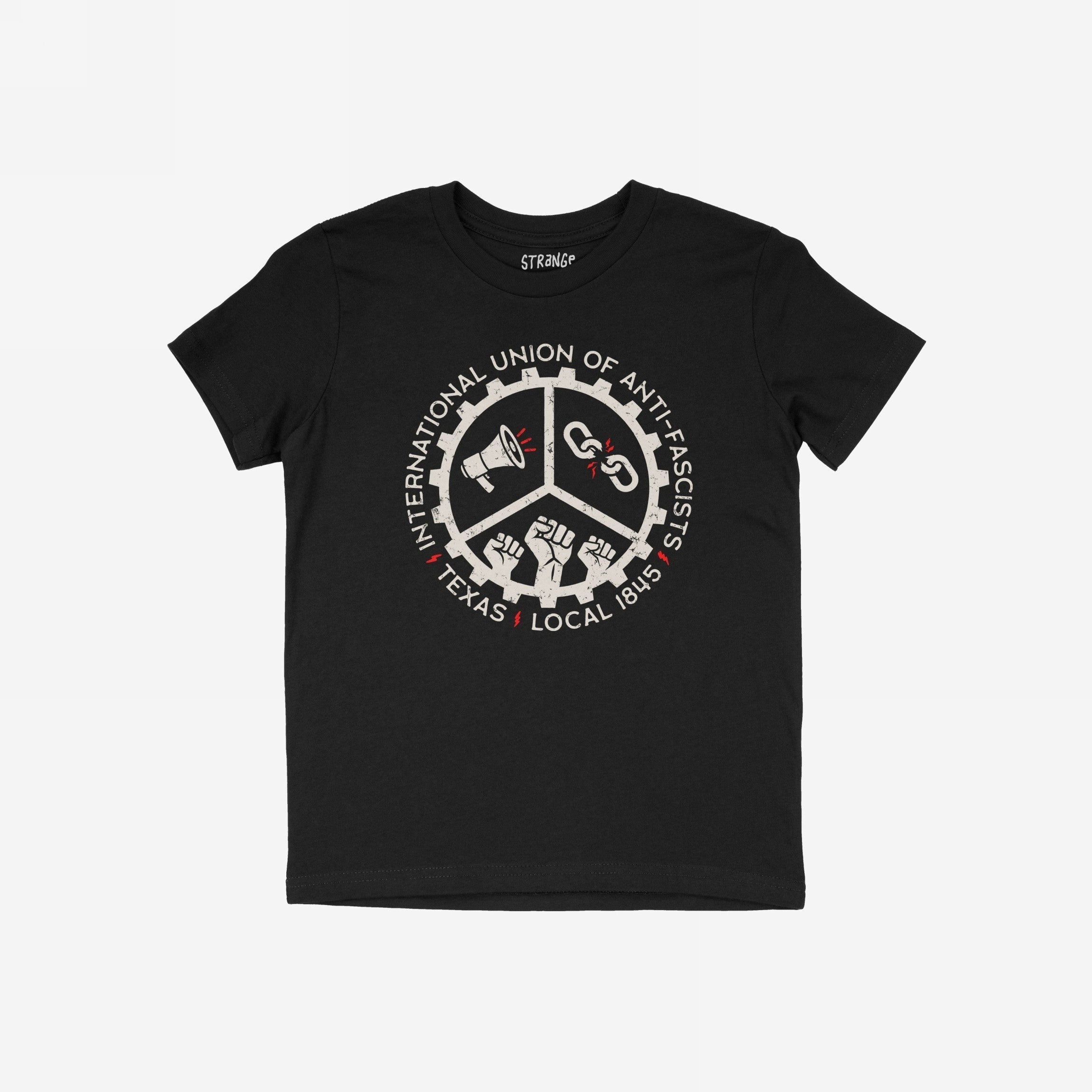 Texas Anti-Fascist Union T-shirt featuring a circular emblem with a megaphone, broken chain, and raised fists, symbolizing resistance against fascism. Ideal for protests, meetups, and solidarity events.