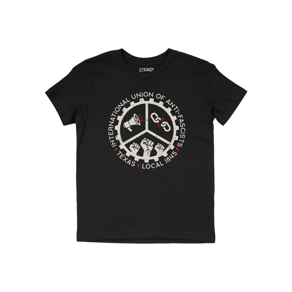 Texas Anti-Fascist Union T-shirt featuring a circular emblem with a megaphone, broken chain, and raised fists, symbolizing re
