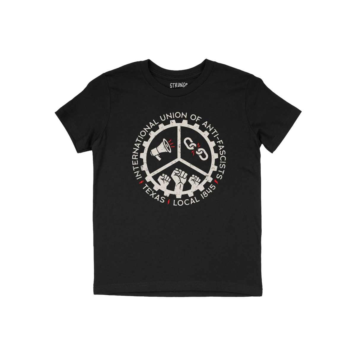 Texas Anti-Fascist Union T-shirt featuring a circular emblem with a megaphone, broken chain, and raised fists, symbolizing re