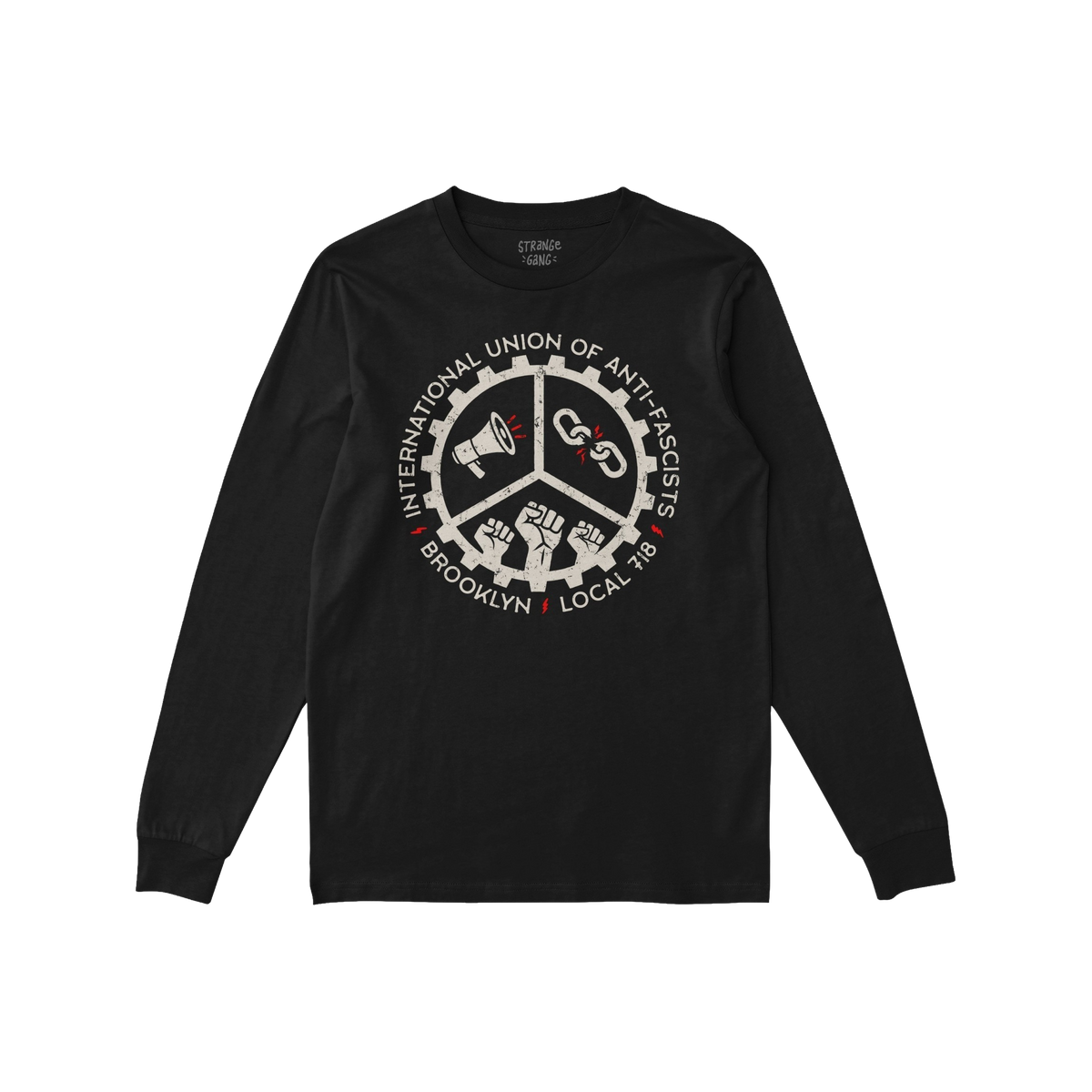 Brooklyn Anti-Fascist Union T-shirt featuring a distressed circular emblem with symbols of resistance: megaphone, broken chai