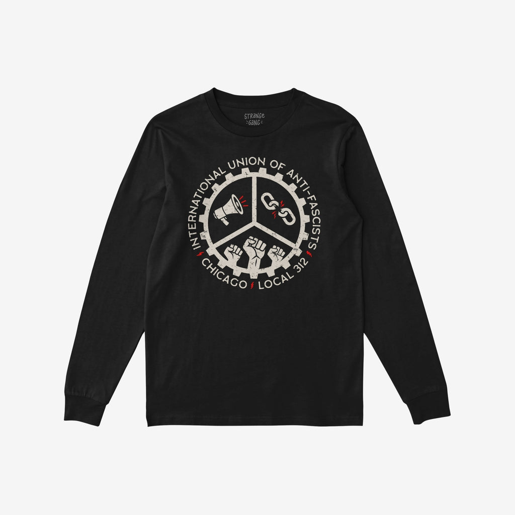 Chicago Anti-Fascist Union T-shirt features a circular emblem with International Union of Anti-Fascists, icons of a megaphone, broken chain, raised fists, and Chicago • Local 312 text.