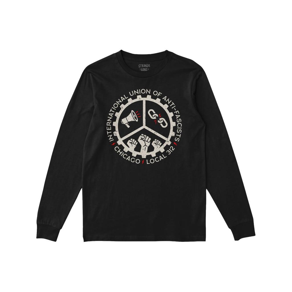 Chicago Anti-Fascist Union T-shirt features a circular emblem with International Union of Anti-Fascists, icons of a megaphone