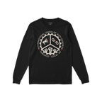 Custom Anti-Fascist Union Long Sleeve T-shirt featuring a circular graphic with a cog-style ring encircling a megaphone, brok