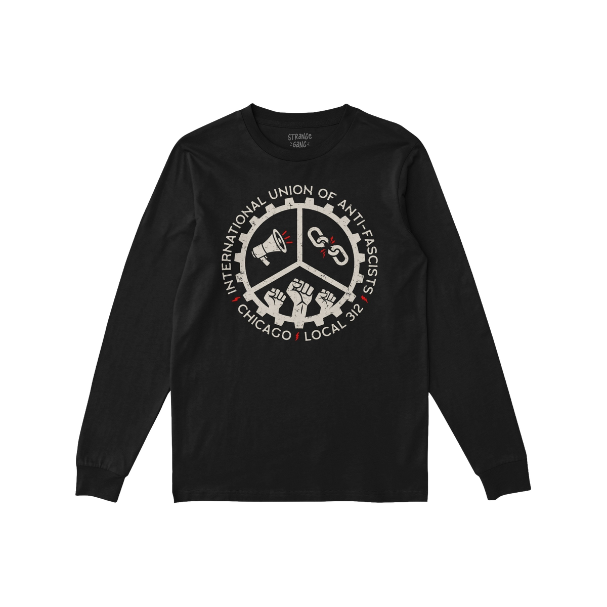 Custom Anti-Fascist Union Long Sleeve T-shirt featuring a circular graphic with a cog-style ring encircling a megaphone, brok