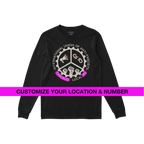 Custom Anti-Fascist Union Long Sleeve T-shirt with emblem featuring a megaphone, broken chains, and fists. Personalize city a