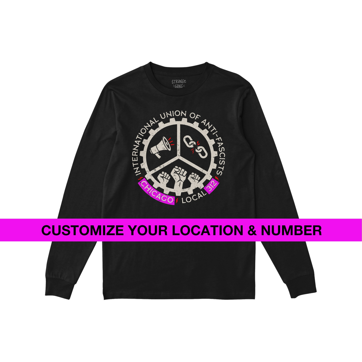 Custom Anti-Fascist Union Long Sleeve T-shirt with emblem featuring a megaphone, broken chains, and fists. Personalize city a