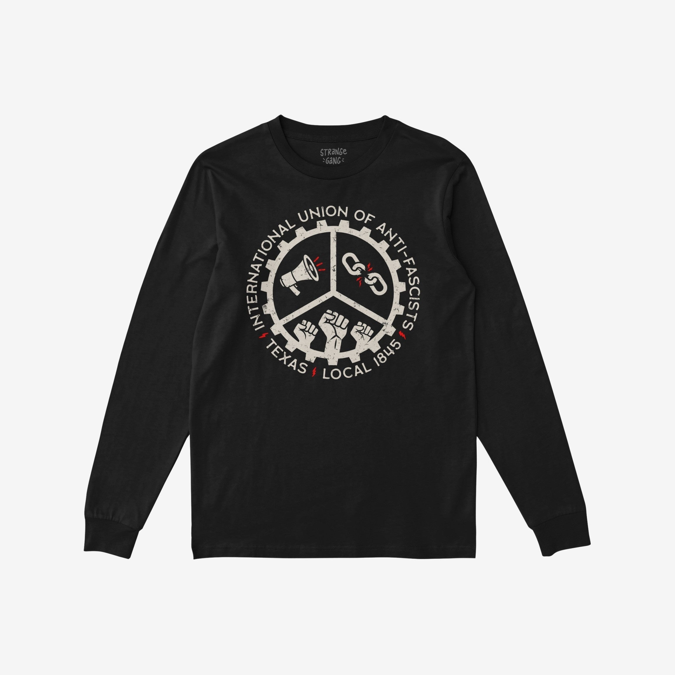 Texas Anti-Fascist Union T-shirt features a circular emblem with a megaphone, broken chain, and raised fists, surrounded by text “INTERNATIONAL UNION OF ANTI-FASCISTS” and “TEXAS • LOCAL 1845.”