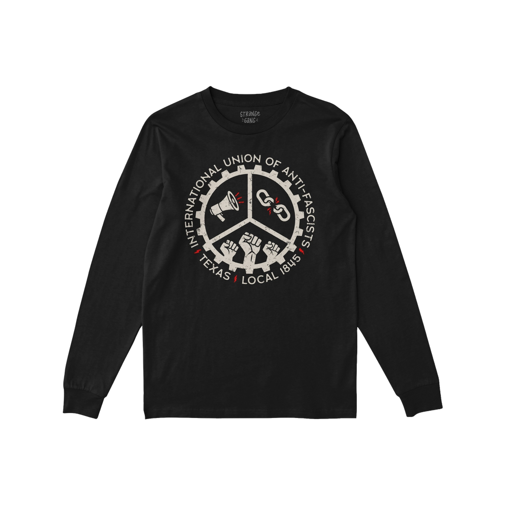 Texas Anti-Fascist Union T-shirt features a circular emblem with a megaphone, broken chain, and raised fists, surrounded by t